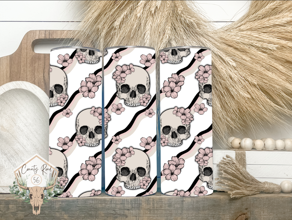 Pink Flowers and Skulls Tumbler