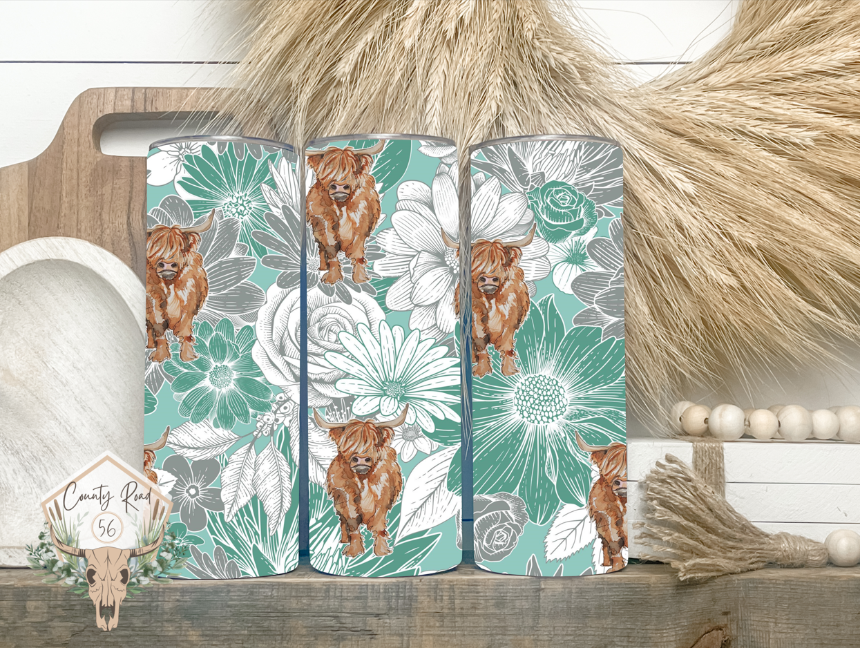 Teal Floral Highland Cows Tumbler