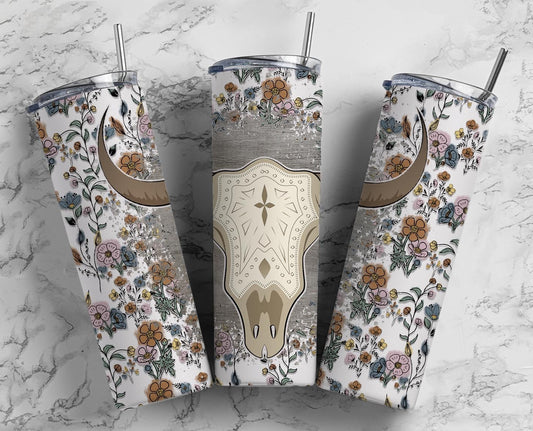 Floral Bull Skull Tumbler