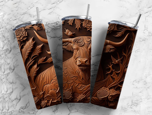 Tooled Leather Highland Cow Tumbler