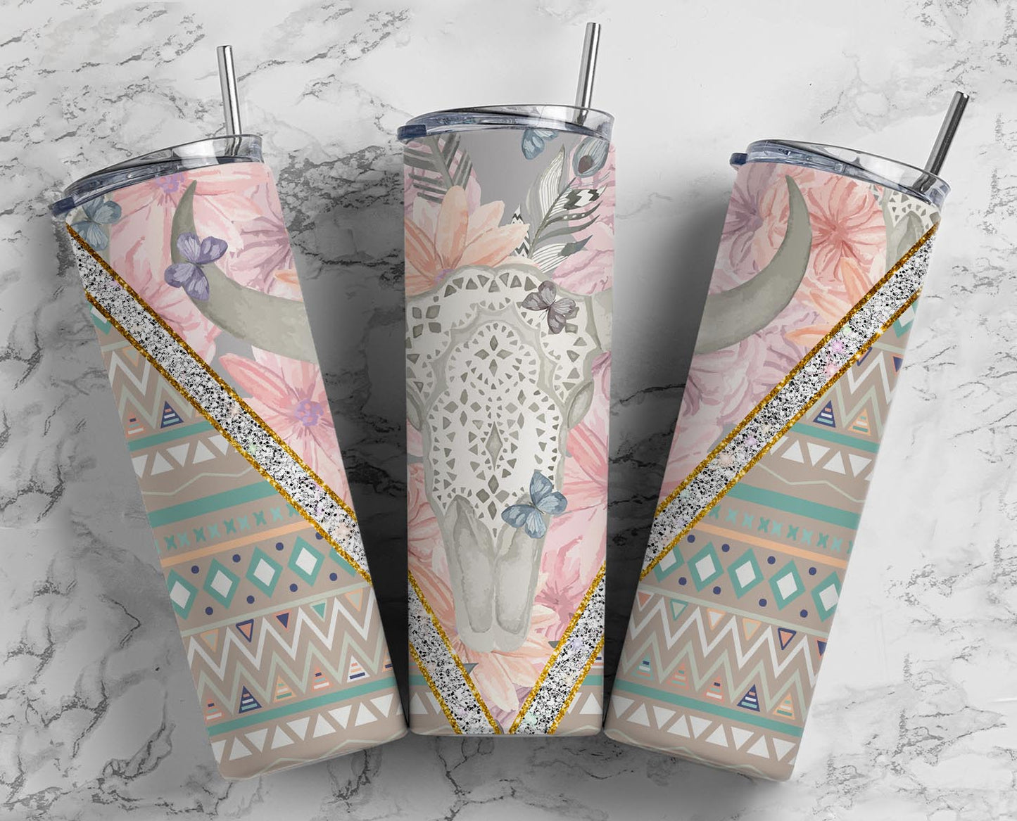 Boho Pink and Grey Bull Skull Tumbler