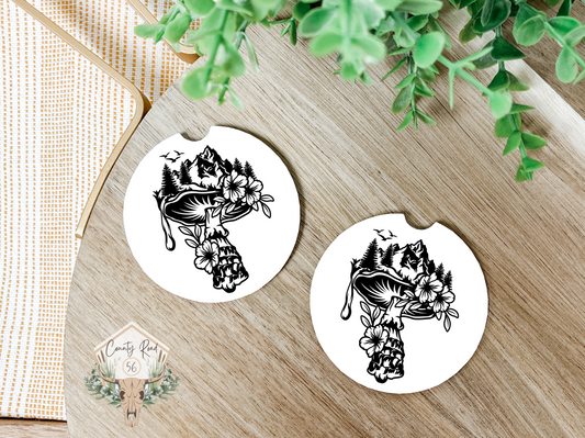 Mushroom Scene Ceramic Car Coaster Set