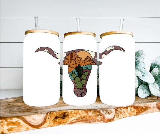 Desert Scene Bull Skull Glass Can Tumbler